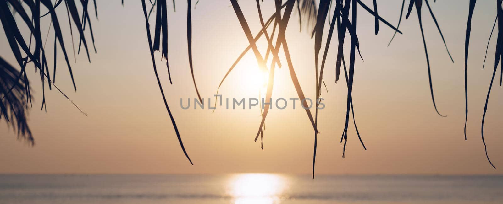 Tropical nature clean beach sunset sky time with sun light cover banner background.