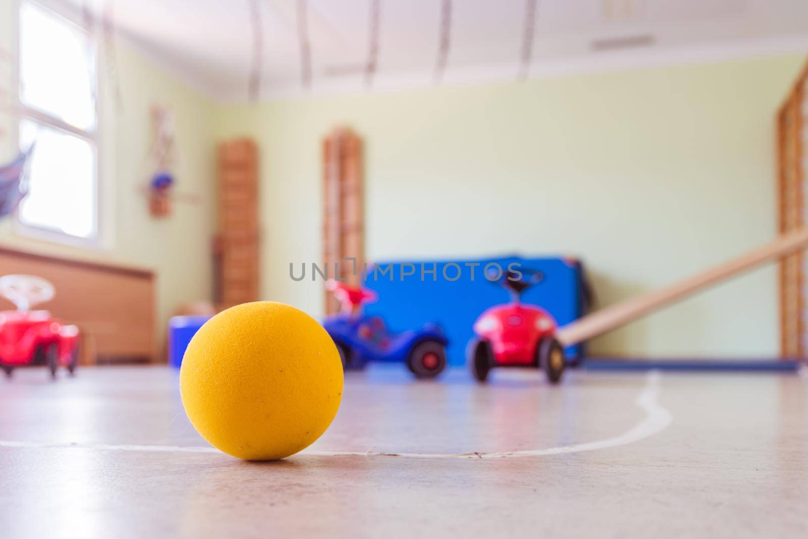 Close up of toy foam ball in a gym hall of a Kindergarten
