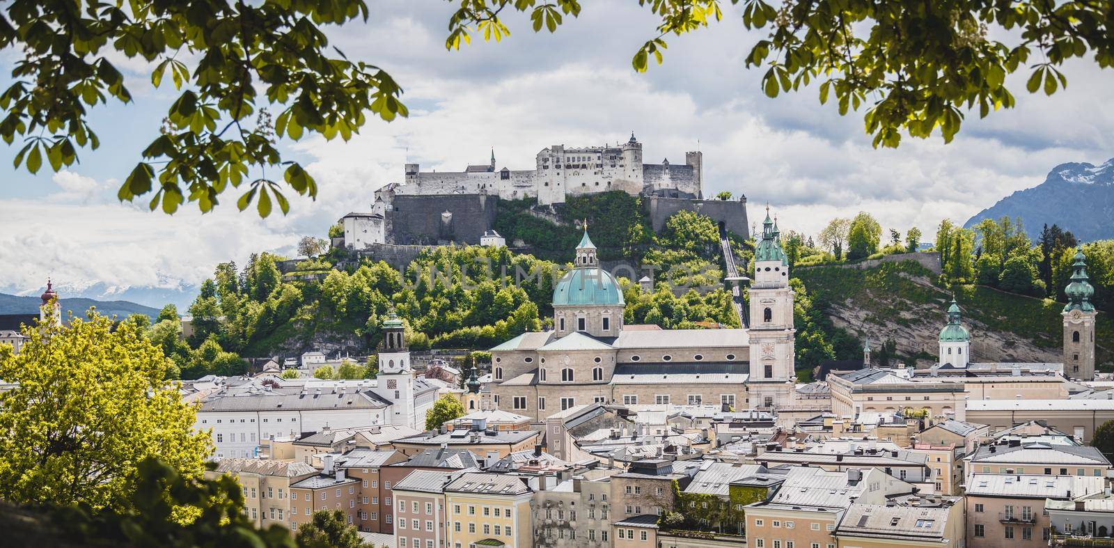 Salzburg historic district in spring, green leaves and sunshine, Austria