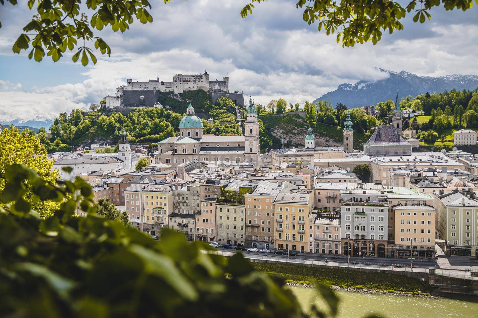 Salzburg historic district in spring, green leaves and sunshine, Austria
