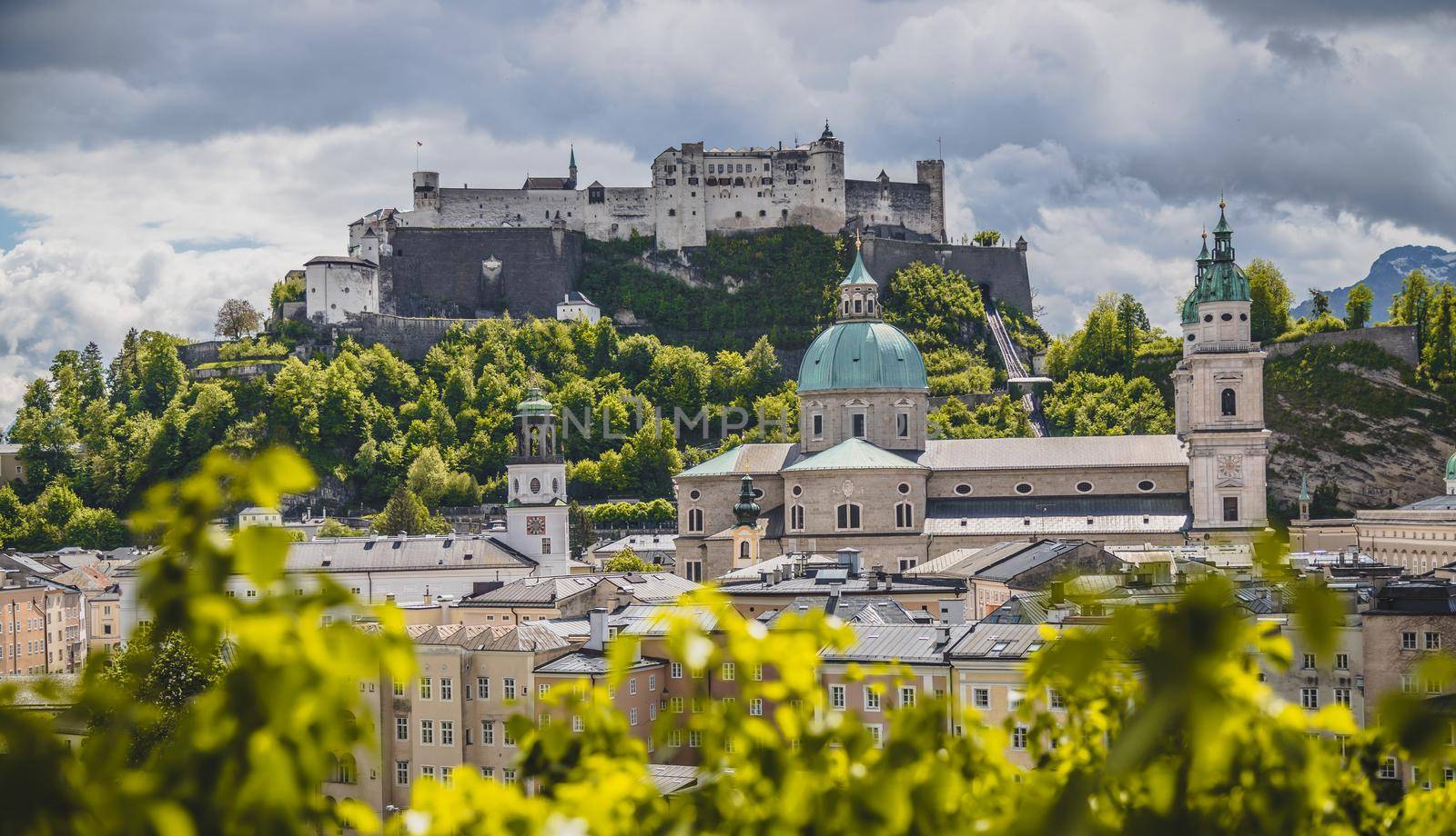 Salzburg historic district in spring, green leaves and sunshine, Austria