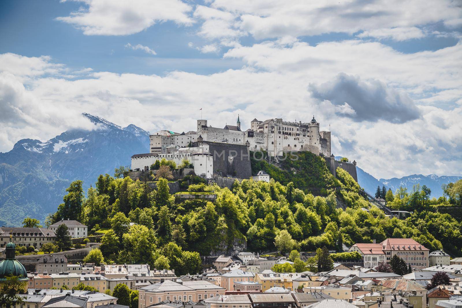 Hohensalzburg fortress, captured from the Kapuzinerberg. Spring time.
