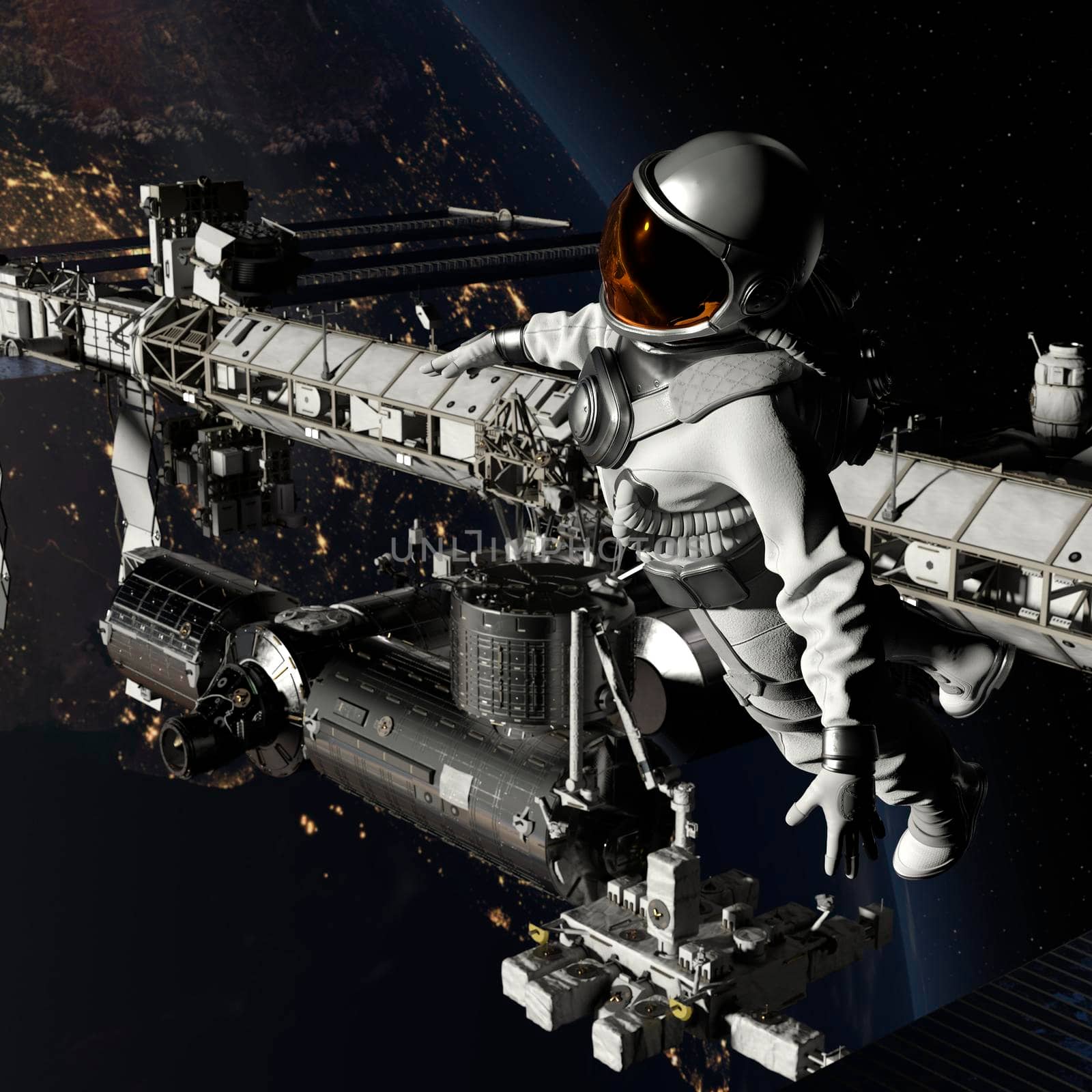 Astronaut walking in space near a space station with earth background by ankarb