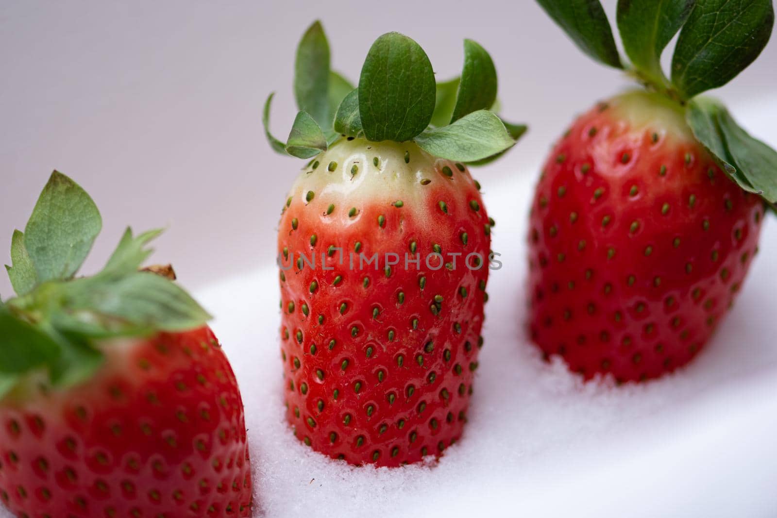 Closeup shot of appetizing fresh large strawberries laying in the snow