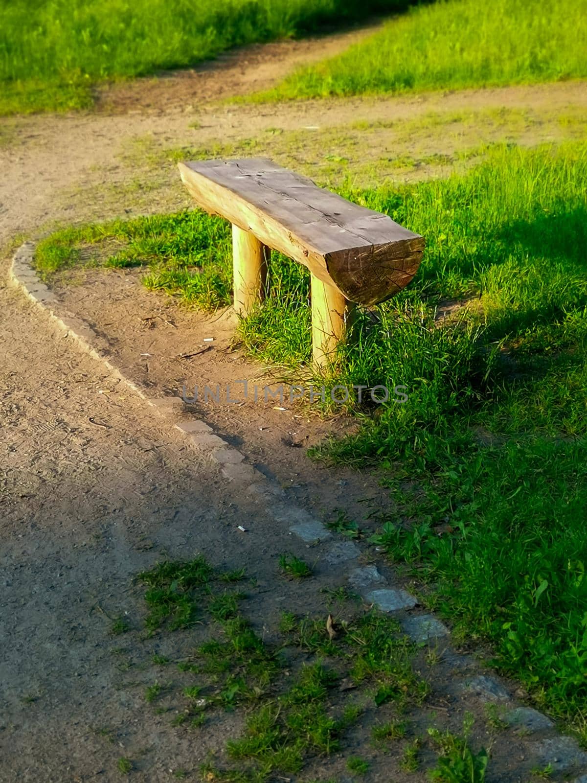 Old wooden bench made from a tree trunk in a park by wektorygrafika