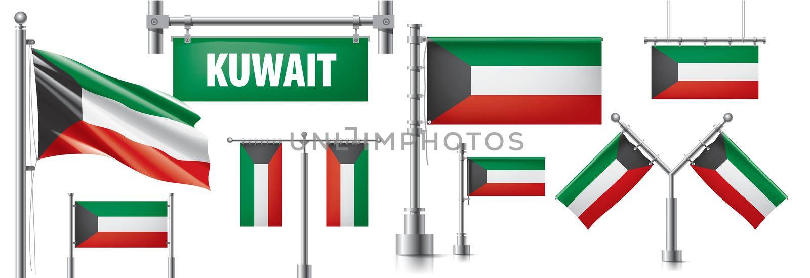 Vector set of the national flag of Kuwait in various creative designs.