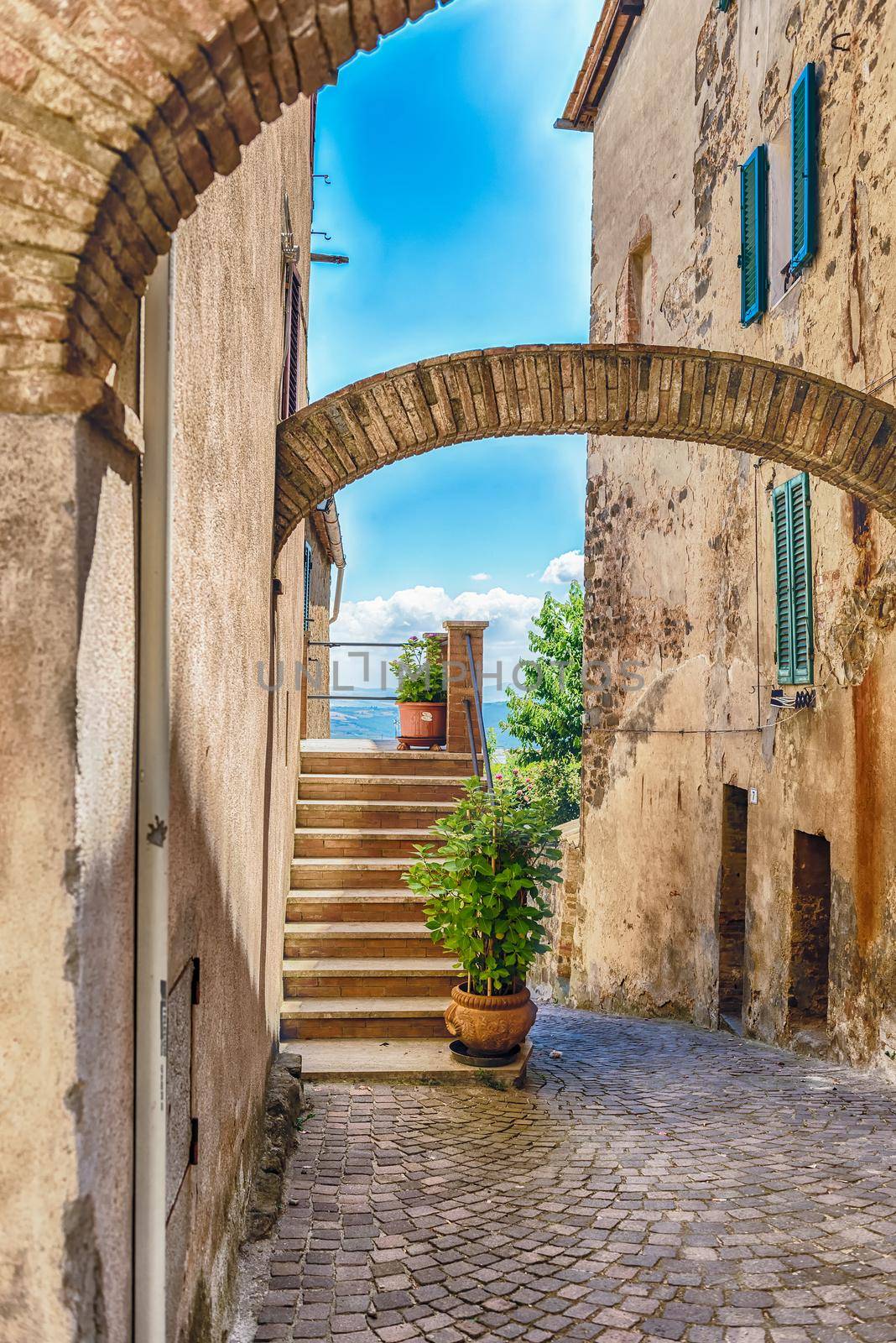 Medieval scenic streets in the town of Montalcino, province of Siena, Tuscany, Italy