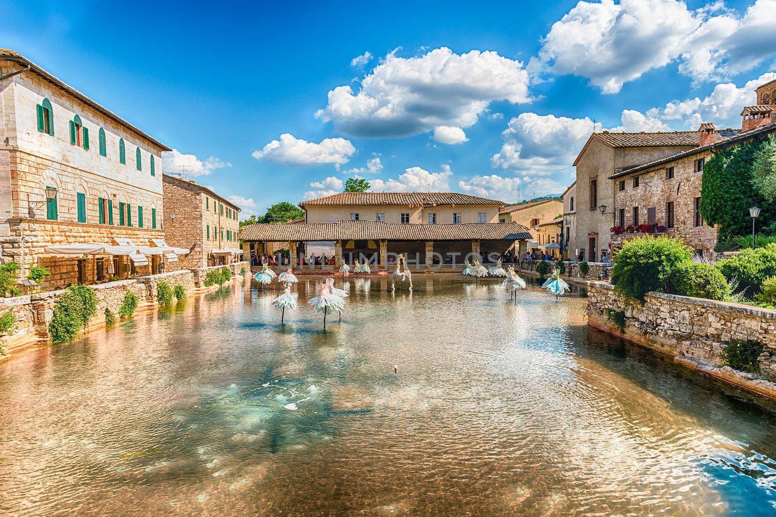 The iconic medieval thermal baths, major landmark and sightseeing in the town of Bagno Vignoni, province of Siena, Tuscany, Italy
