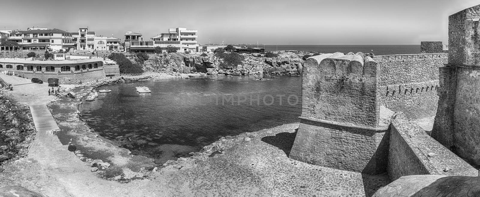 Panoramic view of the scenic Aragonese Castle, aka Le Castella, on the Ionian Sea in the town of Isola di Capo Rizzuto, Italy