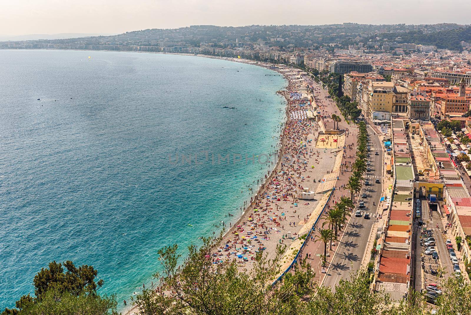 Scenic aerial view of the waterfront and the Promenade des Anglais from the Castle Hill in Nice, Cote d'Azur, France
