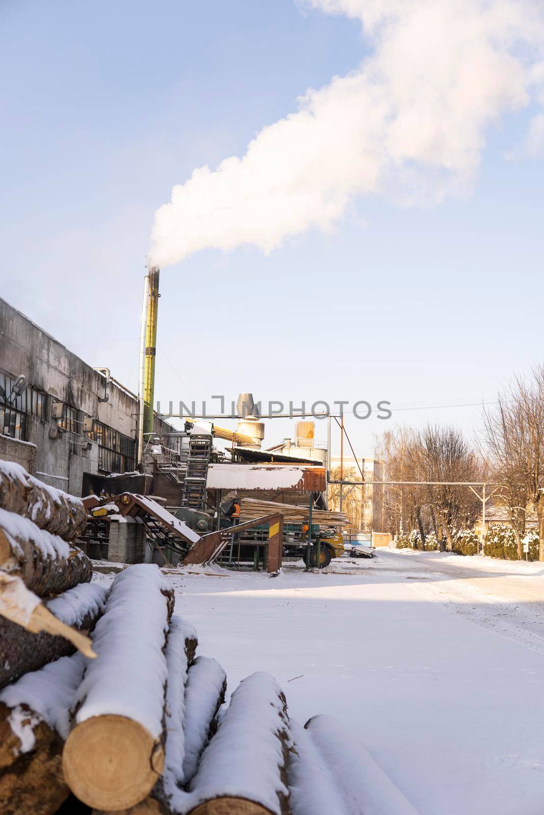 A pile of logs on a sawmill under the layer of snow in the winter season