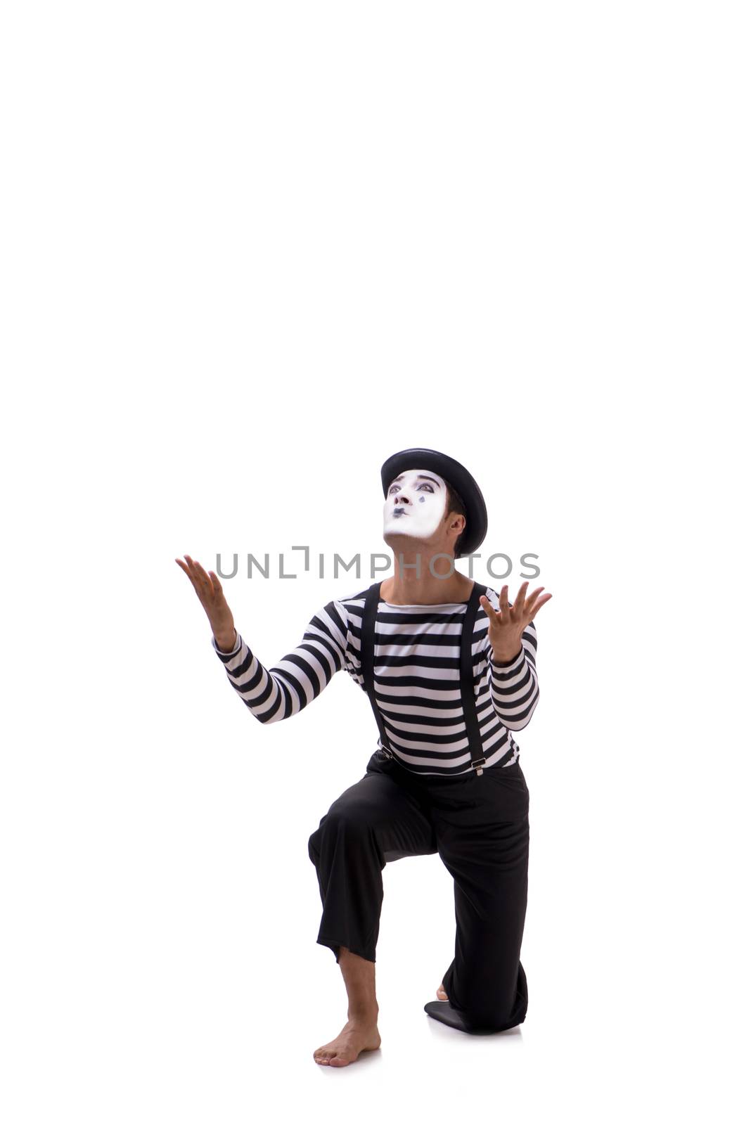 Young mime isolated on white background