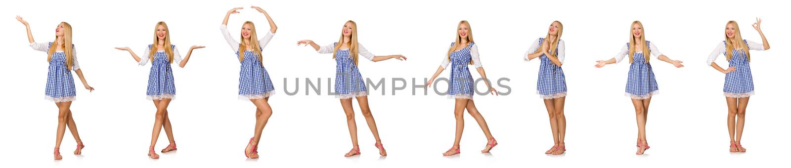 Caucasian woman in plaid blue dress isolated on white by Elnur