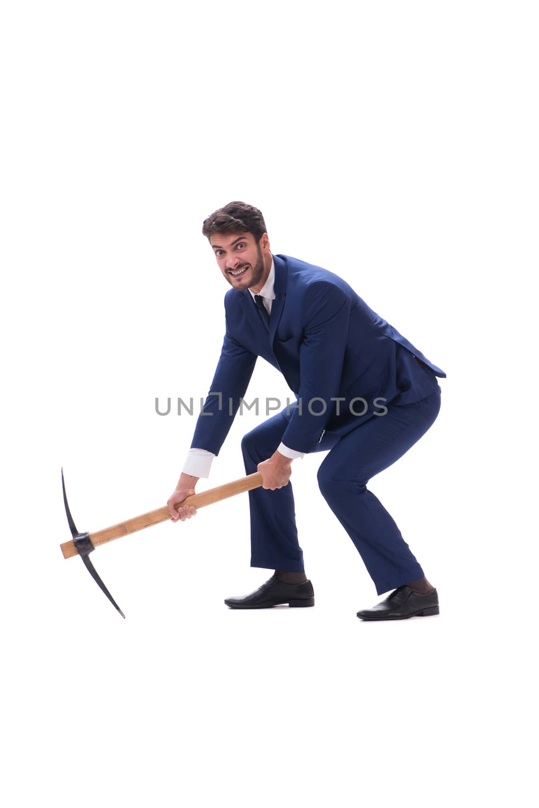 Young businessman with axe isolated on white background  