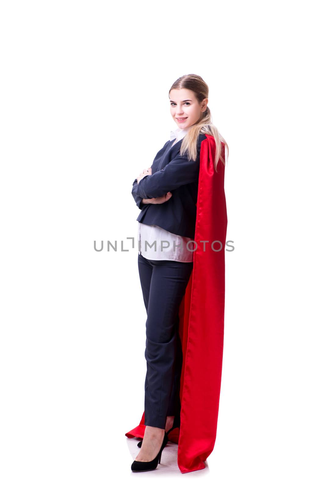 Superhero woman isolated on white background