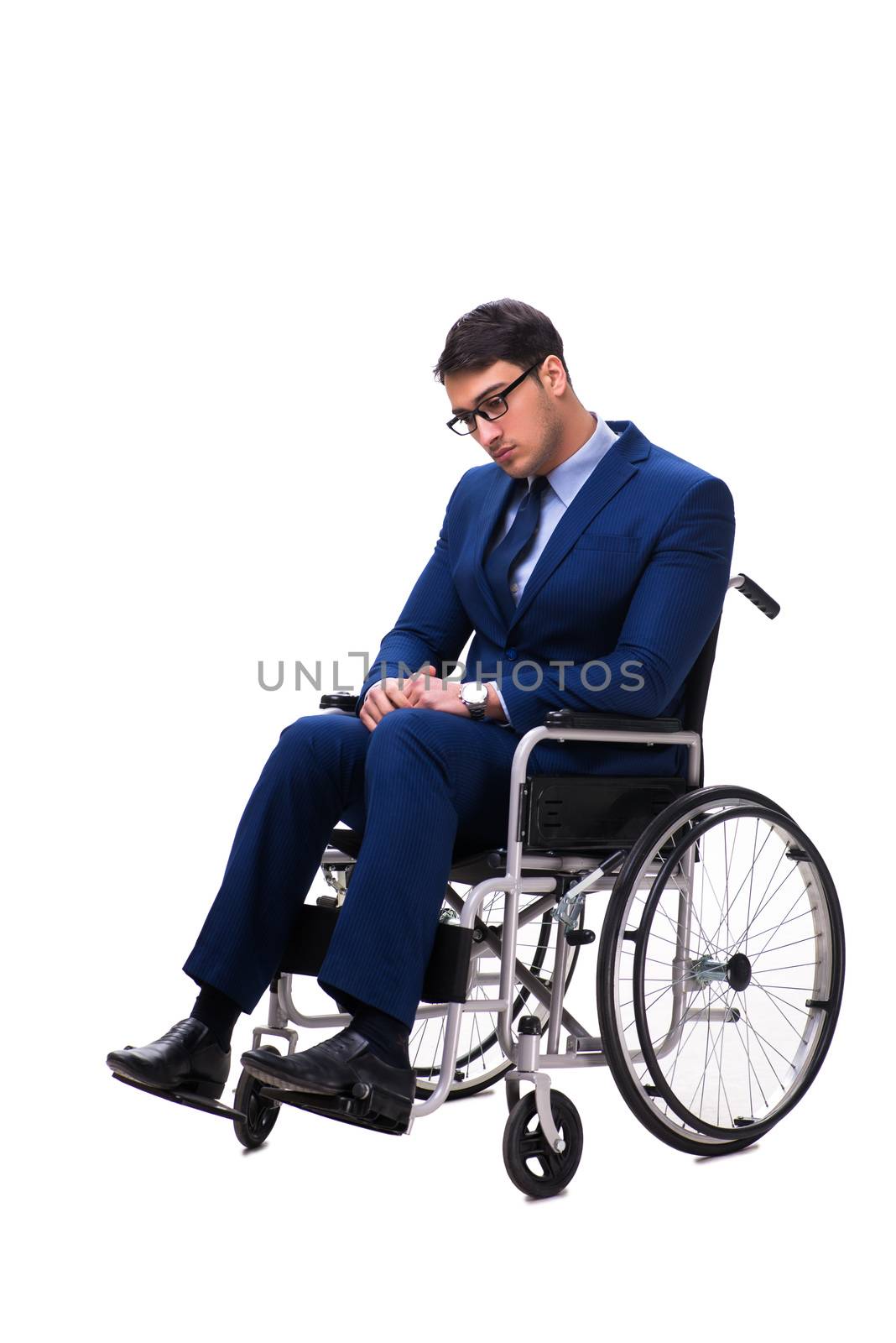 Businessman with wheelchair isolated on white background