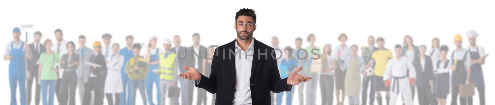 Thoughtful confused man choosing probable profession, many professionals people, isolated on white background