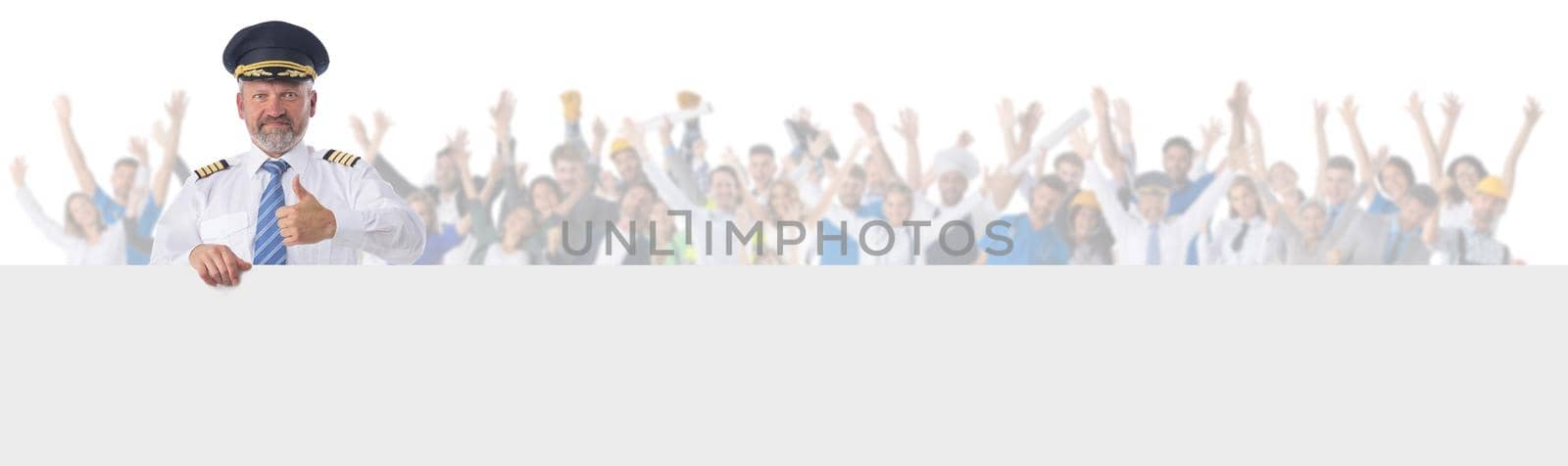 Photo of an airline pilot with thumbs up over many passengers isolated white background