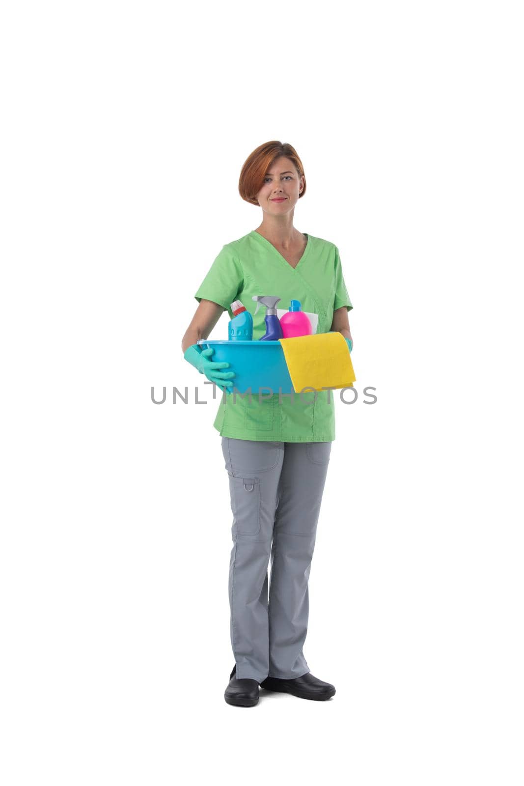 Cleaner woman with detergent spray container isolated on white background, full length portrait