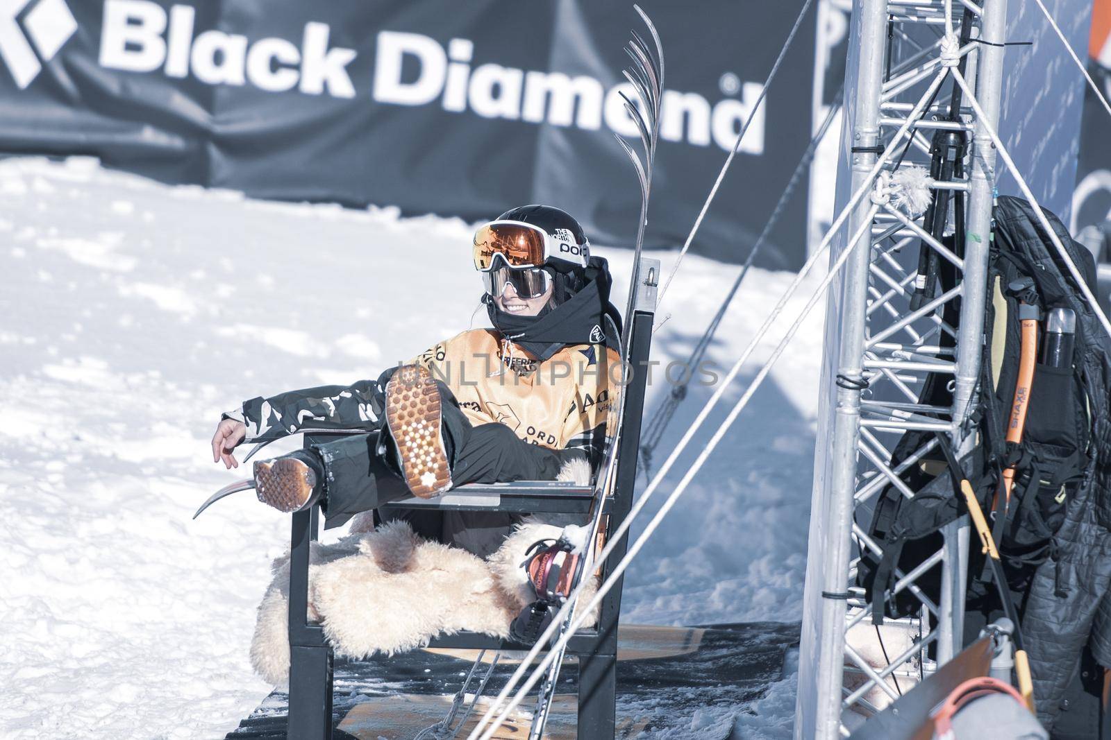 Ordino Arcalis, Andorra: 2021 February 24: Skiers in action at the Freeride World Tour 2021 Step 2 at Ordino Alcalis in Andorra in the winter of 2021.