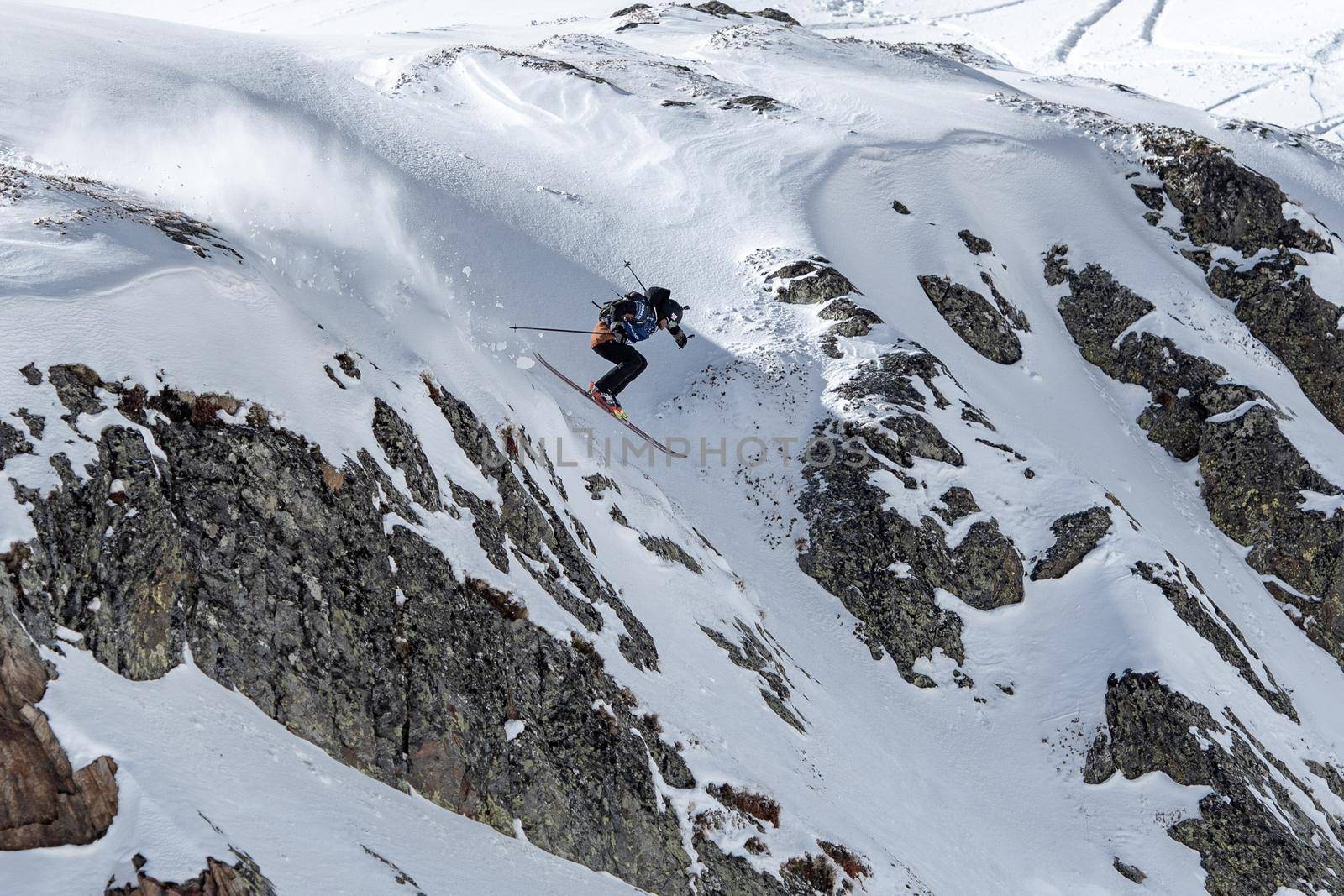 Ordino Arcalis, Andorra: 2021 February 24: Skiers in action at the Freeride World Tour 2021 Step 2 at Ordino Alcalis in Andorra in the winter of 2021.