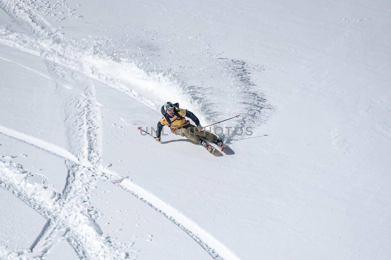 Ordino Arcalis, Andorra: 2021 February 24: Skiers in action at the Freeride World Tour 2021 Step 2 at Ordino Alcalis in Andorra in the winter of 2021.