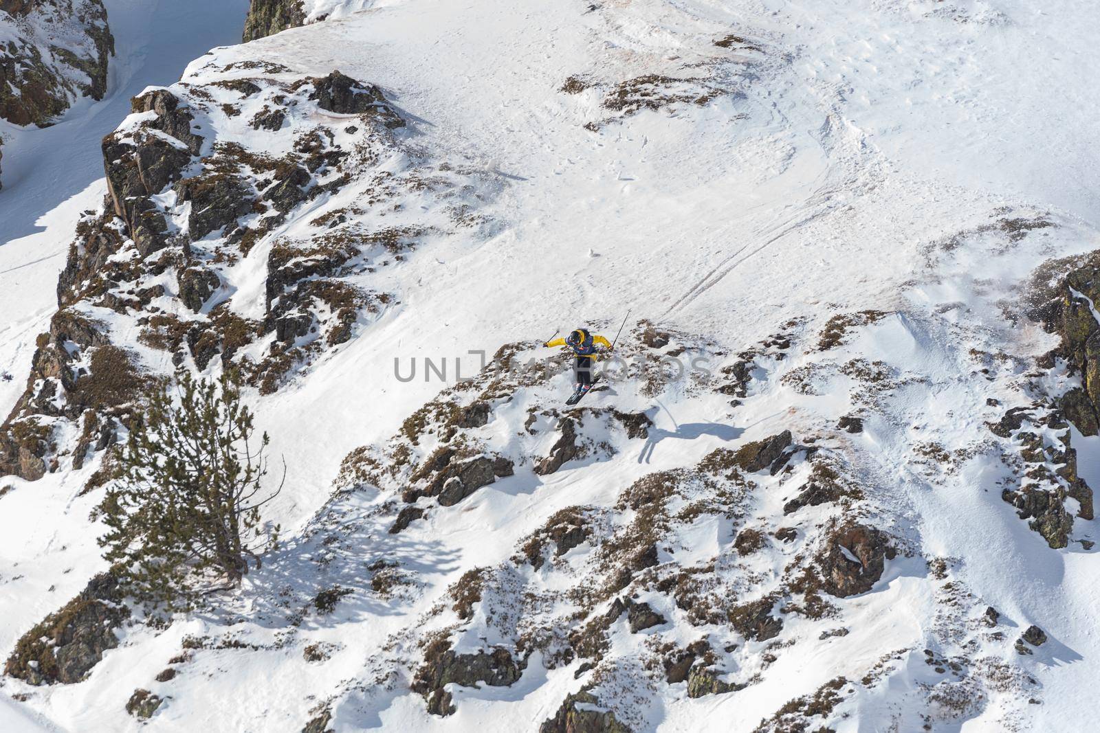Ordino Arcalis, Andorra: 2021 February 24: Skiers in action at the Freeride World Tour 2021 Step 2 at Ordino Alcalis in Andorra in the winter of 2021.