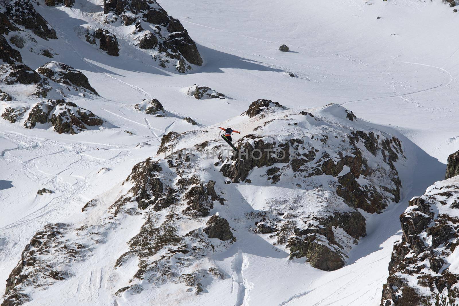 Ordino Arcalis, Andorra: 2021 February 24: Aymar Navarro in action at the Freeride World Tour 2021 Step 2 at Ordino Alcalis in Andorra in the winter of 2021.