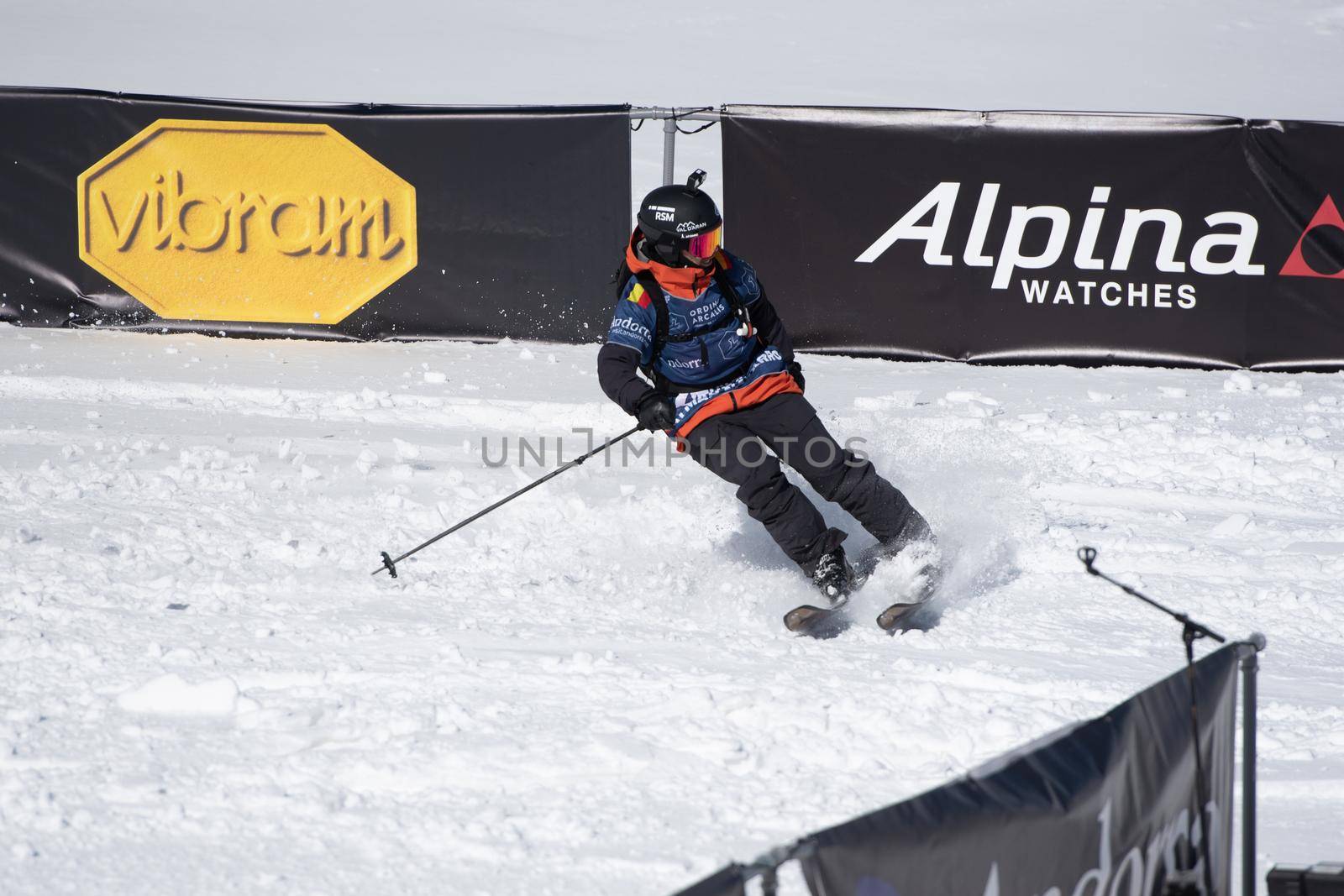 Ordino Arcalis, Andorra: 2021 February 24: Aymar Navarro in action at the Freeride World Tour 2021 Step 2 at Ordino Alcalis in Andorra in the winter of 2021.