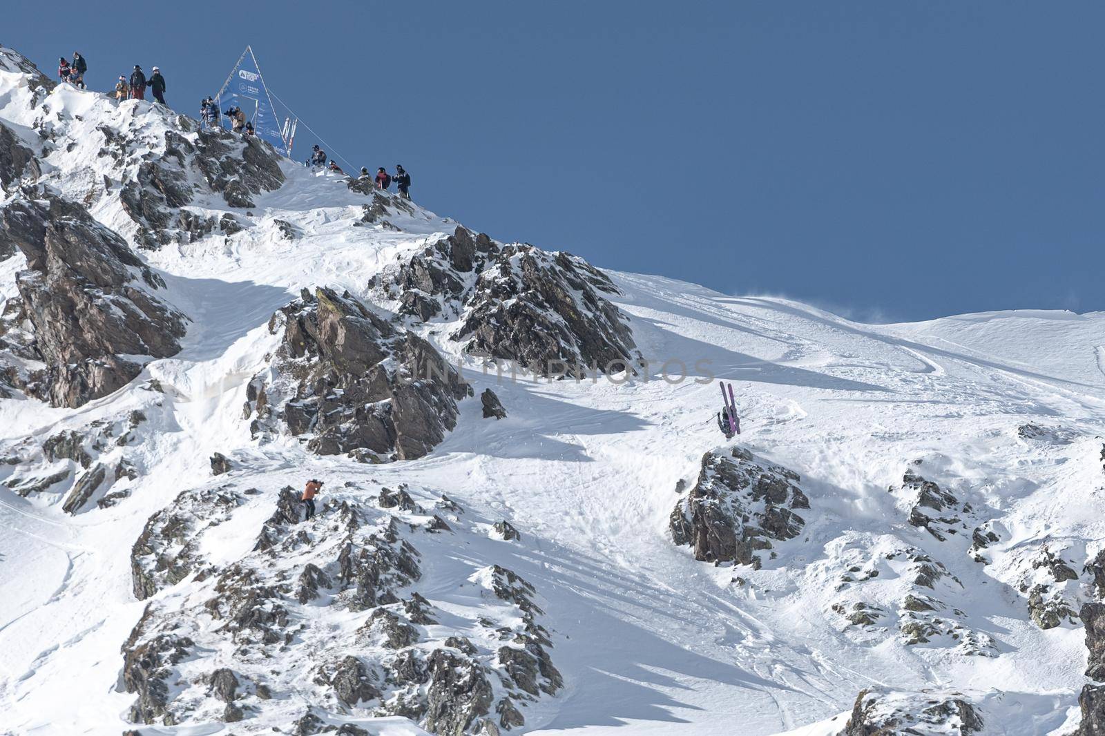 Ordino Arcalis, Andorra: 2021 February 24: Skiers in action at the Freeride World Tour 2021 Step 2 at Ordino Alcalis in Andorra in the winter of 2021.