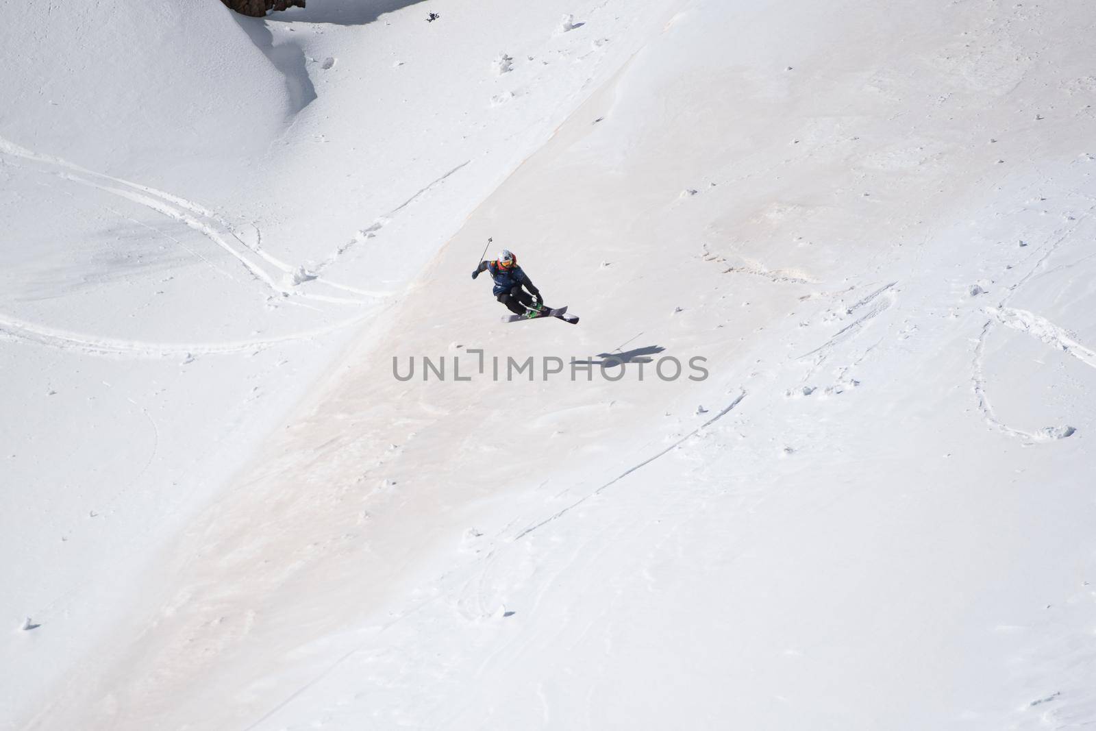 Ordino Arcalis, Andorra: 2021 February 24: Skiers in action at the Freeride World Tour 2021 Step 2 at Ordino Alcalis in Andorra in the winter of 2021.