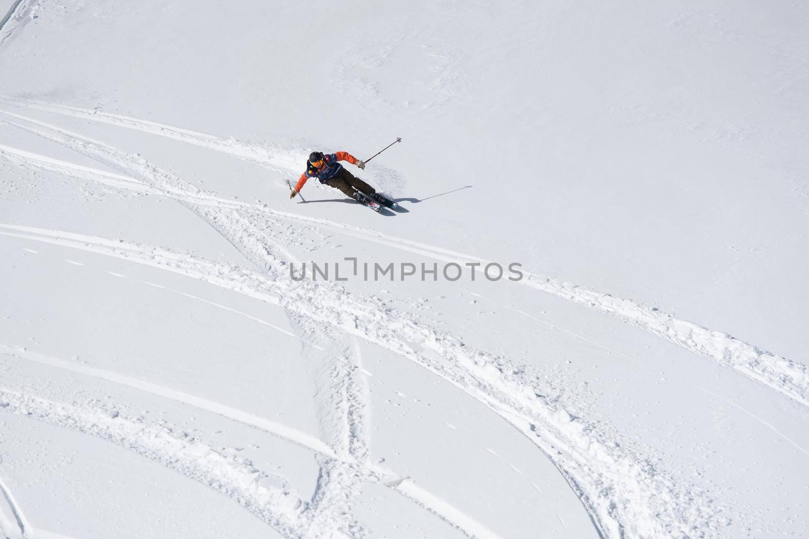 Ordino Arcalis, Andorra: 2021 February 24: Skiers in action at the Freeride World Tour 2021 Step 2 at Ordino Alcalis in Andorra in the winter of 2021.