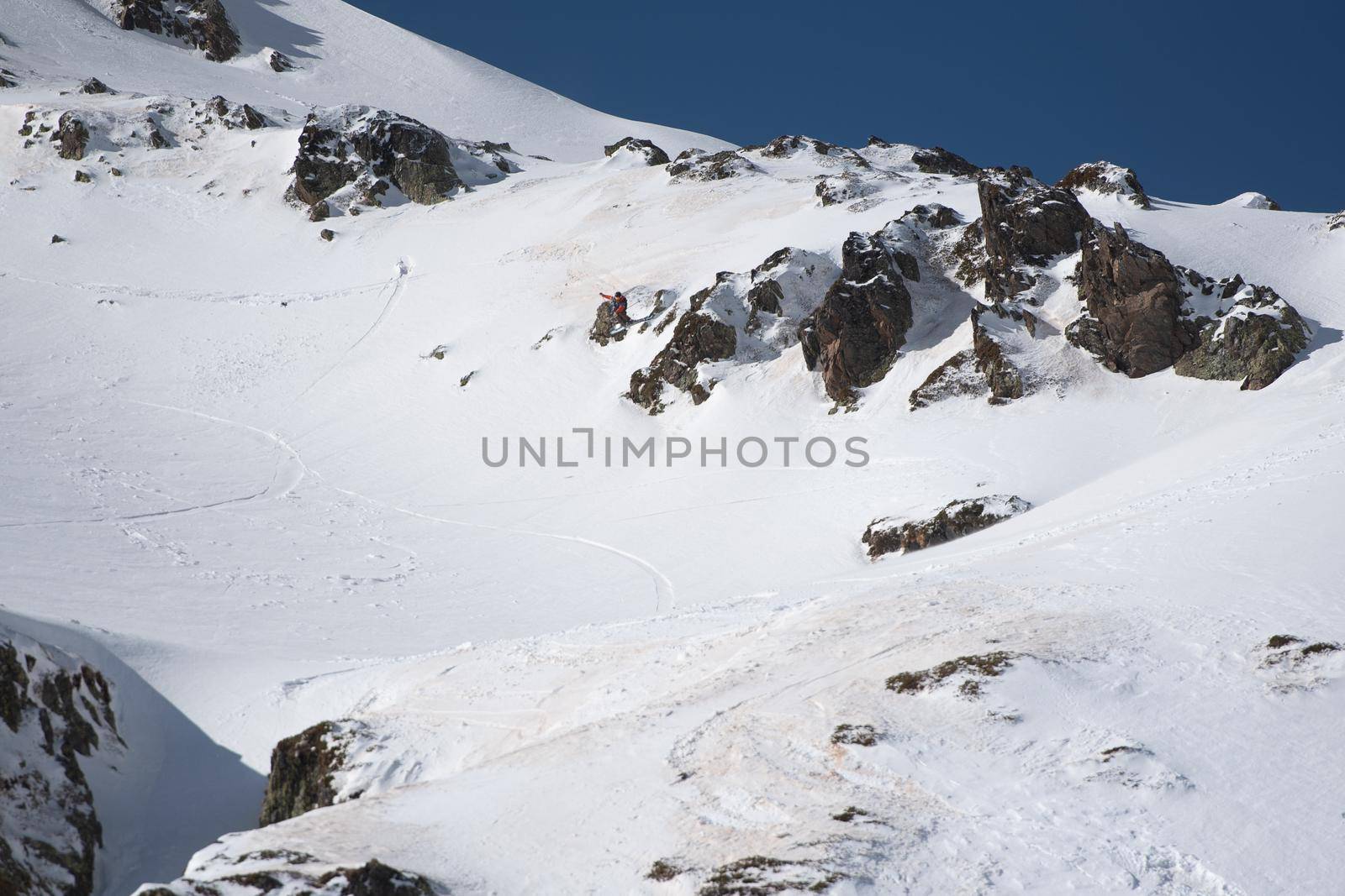 Ordino Arcalis, Andorra: 2021 February 24: Skiers in action at the Freeride World Tour 2021 Step 2 at Ordino Alcalis in Andorra in the winter of 2021.