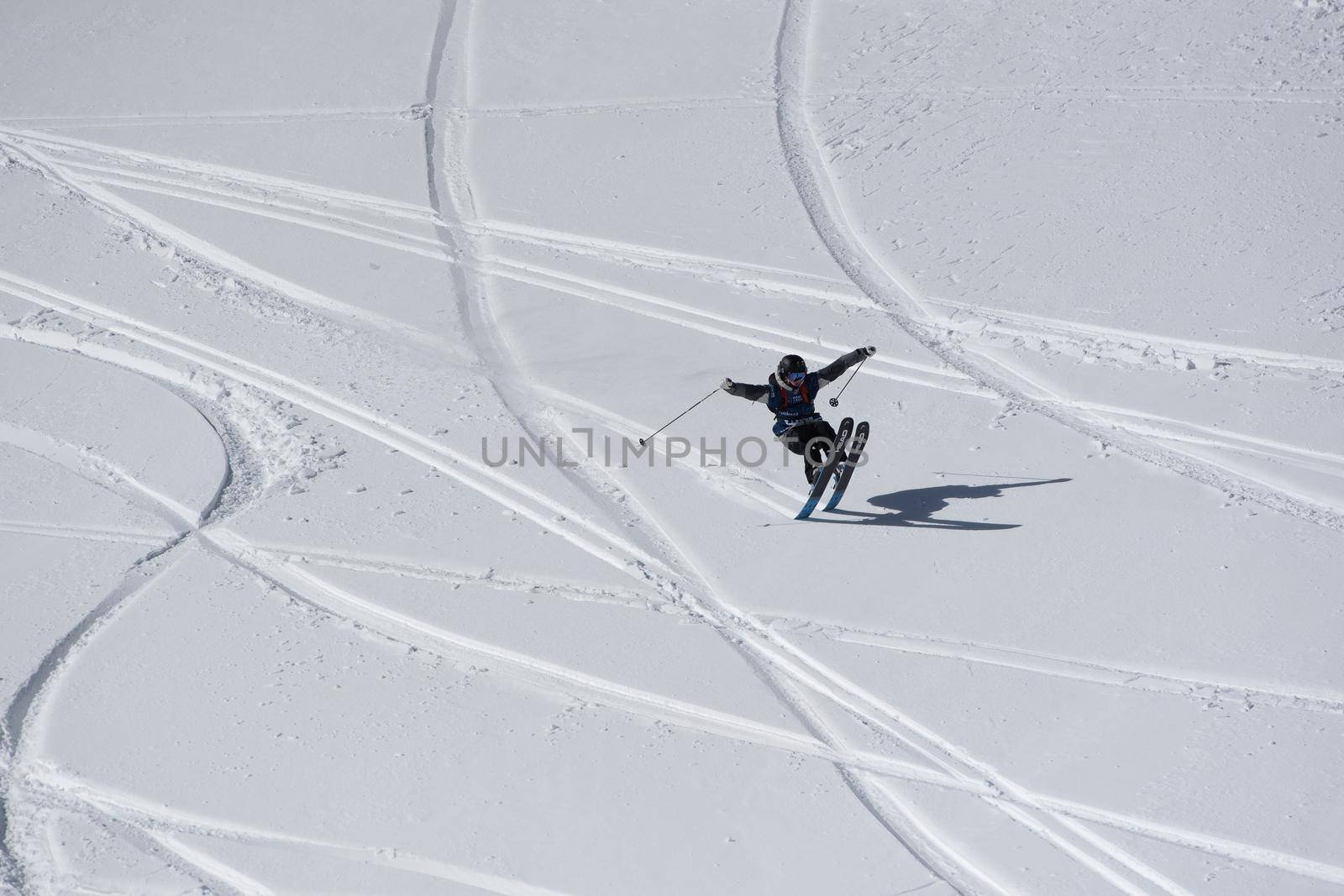 Ordino Arcalis, Andorra: 2021 February 24: Skiers in action at the Freeride World Tour 2021 Step 2 at Ordino Alcalis in Andorra in the winter of 2021.