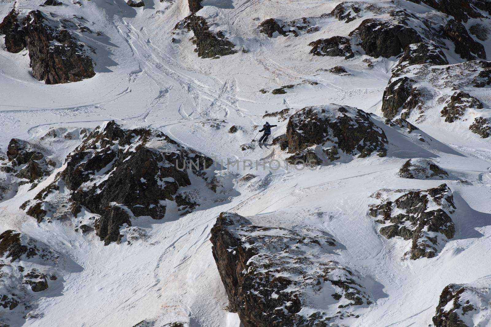 Ordino Arcalis, Andorra: 2021 February 24: Skiers in action at the Freeride World Tour 2021 Step 2 at Ordino Alcalis in Andorra in the winter of 2021.