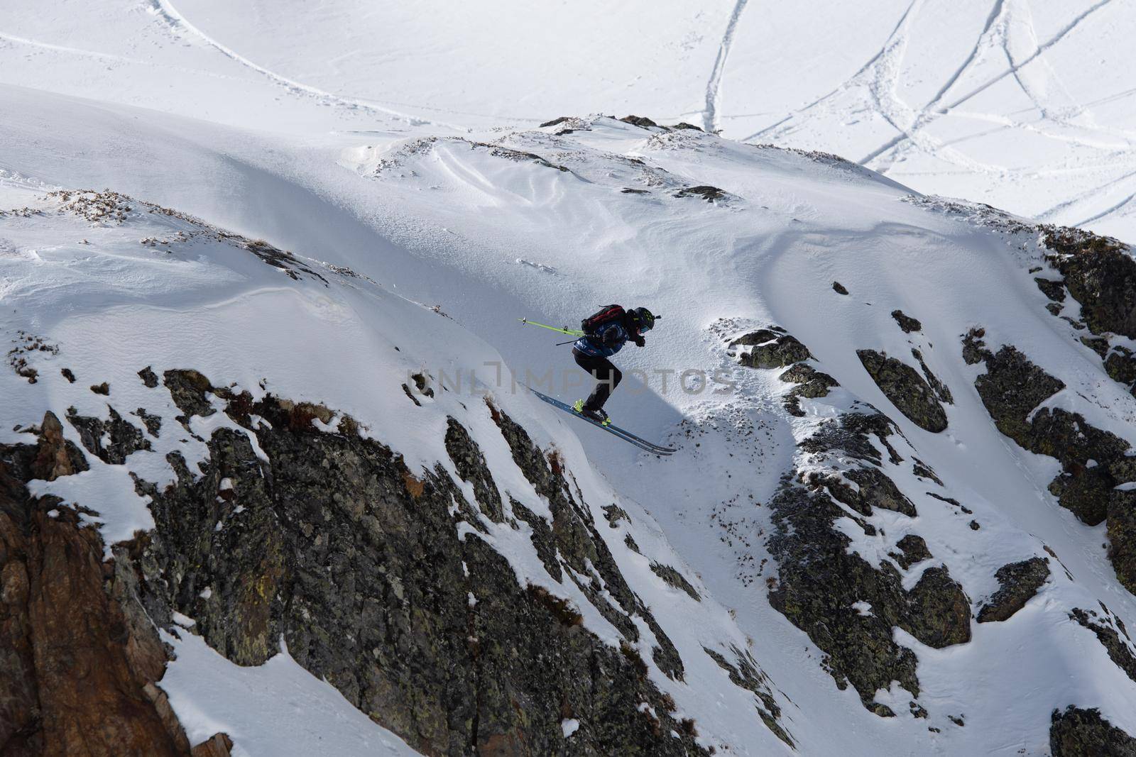 Ordino Arcalis, Andorra: 2021 February 24: Skiers in action at the Freeride World Tour 2021 Step 2 at Ordino Alcalis in Andorra in the winter of 2021.
