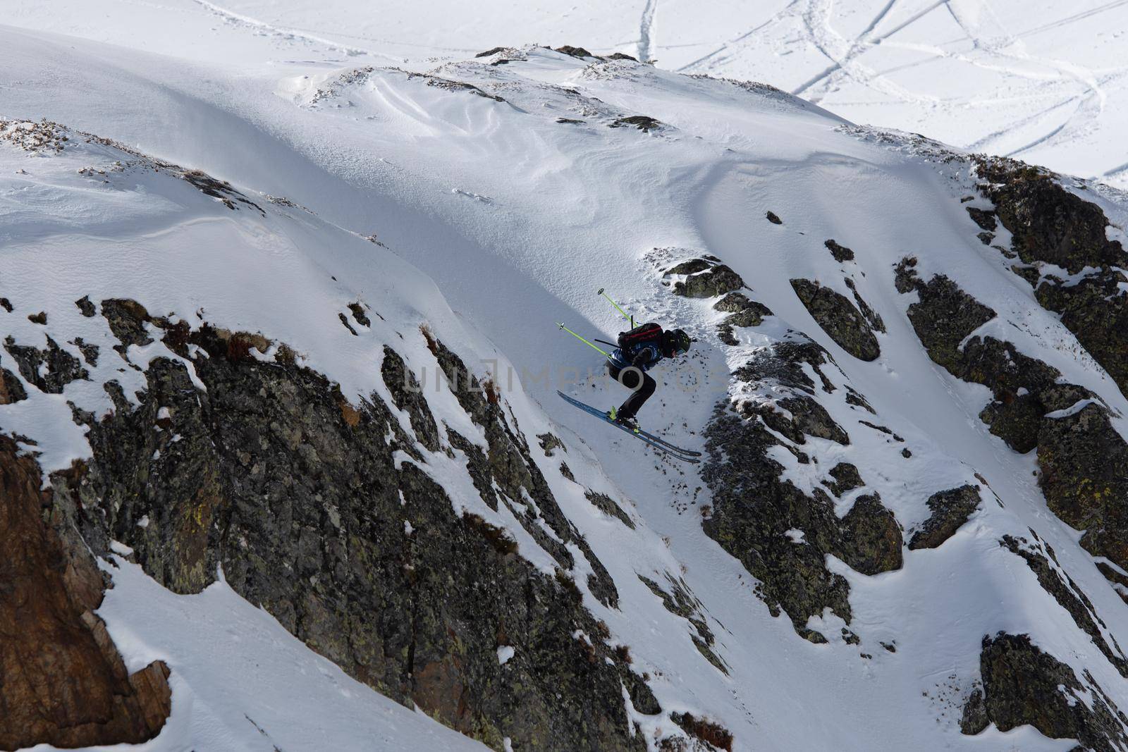 Ordino Arcalis, Andorra: 2021 February 24: Skiers in action at the Freeride World Tour 2021 Step 2 at Ordino Alcalis in Andorra in the winter of 2021.