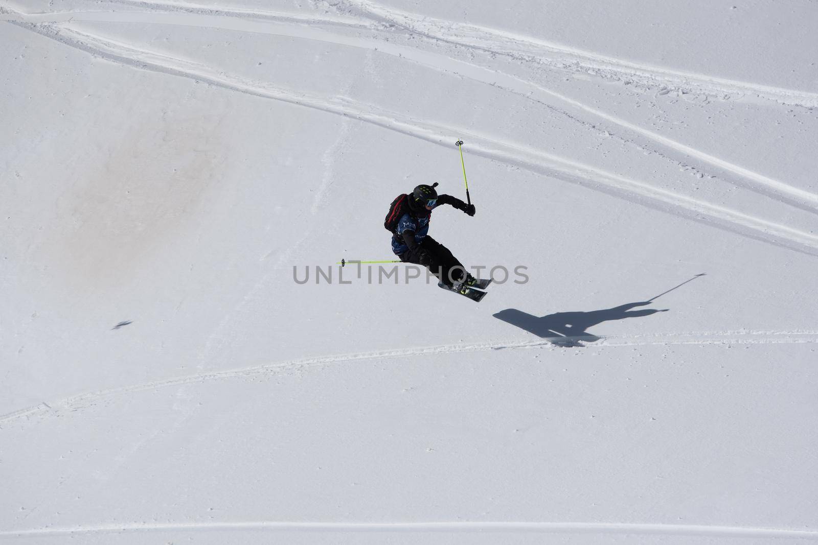 Ordino Arcalis, Andorra: 2021 February 24: Skiers in action at the Freeride World Tour 2021 Step 2 at Ordino Alcalis in Andorra in the winter of 2021.