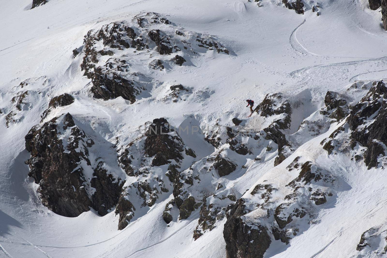 Ordino Arcalis, Andorra: 2021 February 24: Skiers in action at the Freeride World Tour 2021 Step 2 at Ordino Alcalis in Andorra in the winter of 2021.