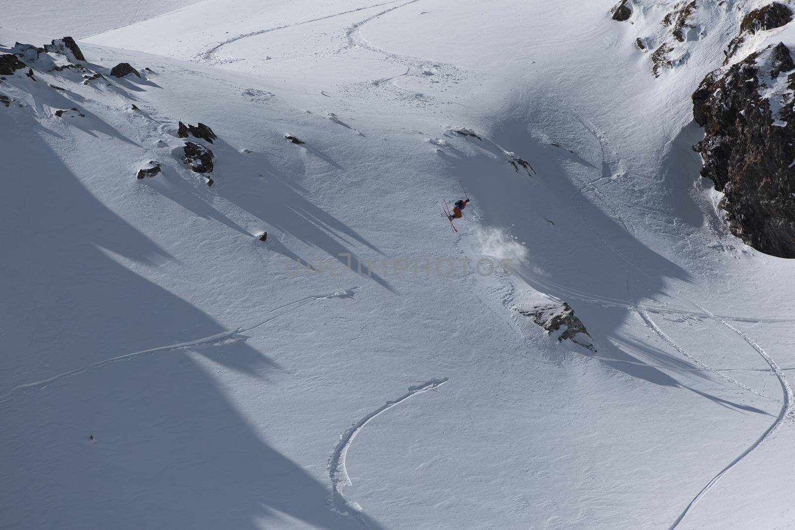 Ordino Arcalis, Andorra: 2021 February 24: Skiers in action at the Freeride World Tour 2021 Step 2 at Ordino Alcalis in Andorra in the winter of 2021.