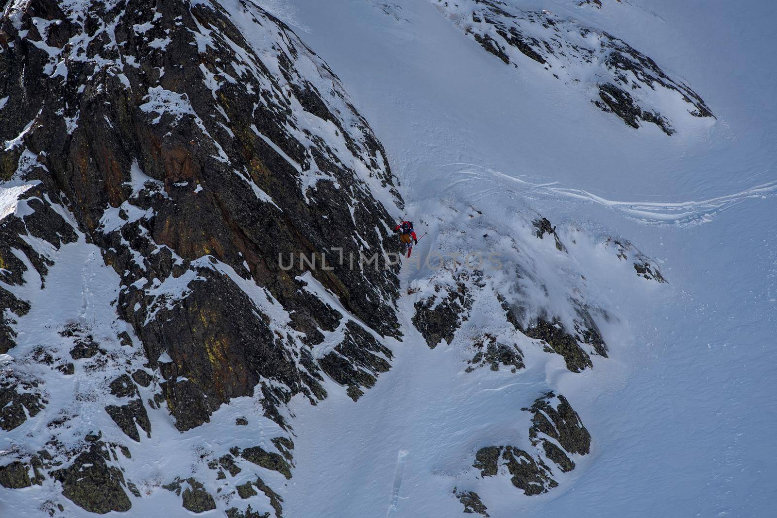 Ordino Arcalis, Andorra: 2021 February 24: Skiers in action at the Freeride World Tour 2021 Step 2 at Ordino Alcalis in Andorra in the winter of 2021.