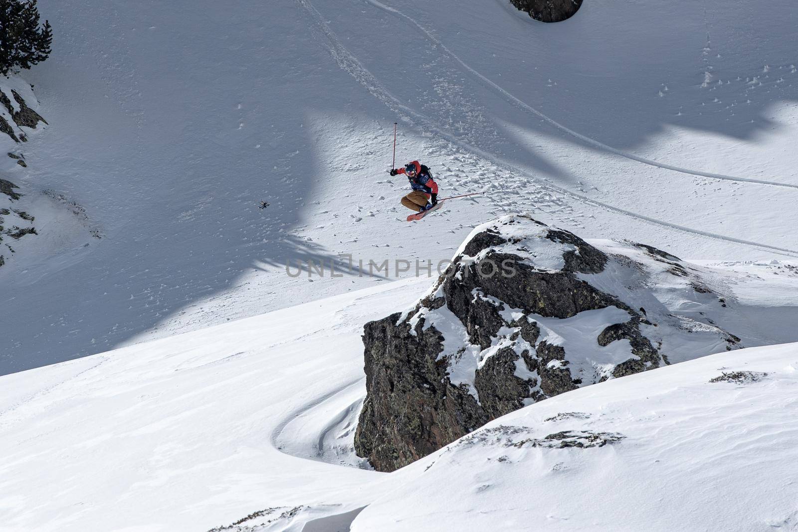 Ordino Arcalis, Andorra: 2021 February 24: Skiers in action at the Freeride World Tour 2021 Step 2 at Ordino Alcalis in Andorra in the winter of 2021.