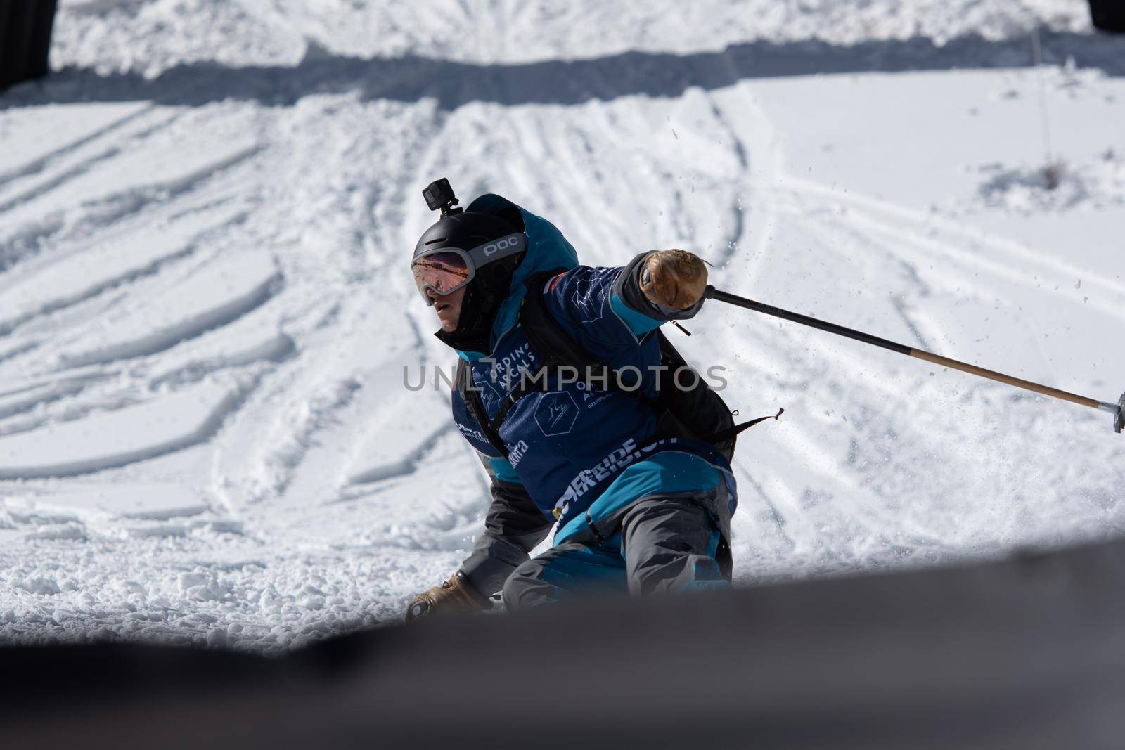 Ordino Arcalis, Andorra: 2021 February 24: Skiers in action at the Freeride World Tour 2021 Step 2 at Ordino Alcalis in Andorra in the winter of 2021.