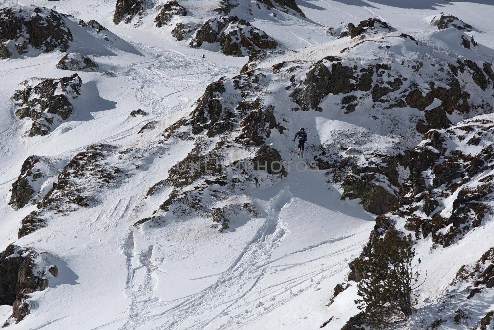 Ordino Arcalis, Andorra: 2021 February 24: Skiers in action at the Freeride World Tour 2021 Step 2 at Ordino Alcalis in Andorra in the winter of 2021.