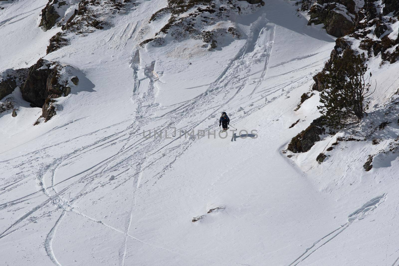 Ordino Arcalis, Andorra: 2021 February 24: Skiers in action at the Freeride World Tour 2021 Step 2 at Ordino Alcalis in Andorra in the winter of 2021.