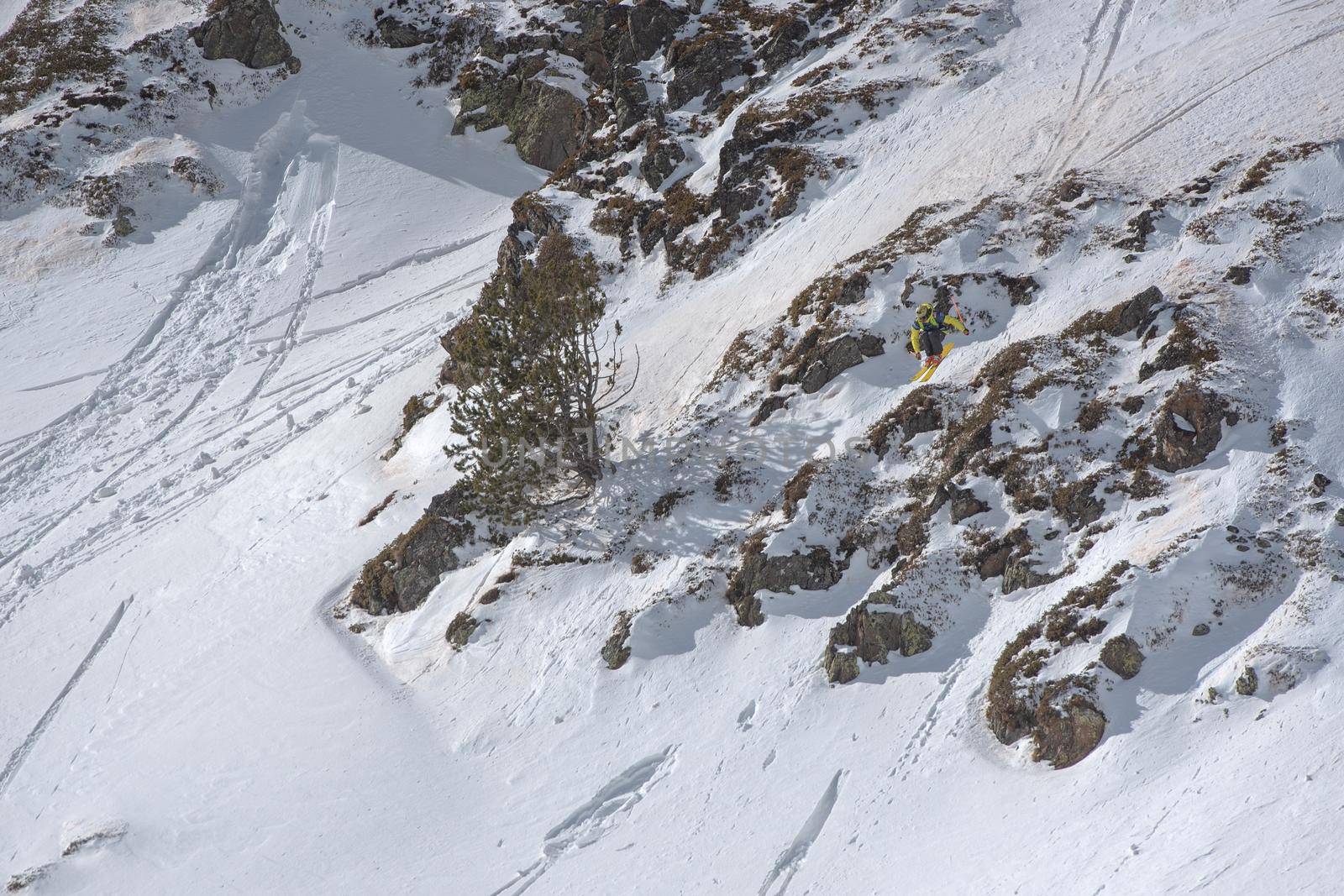 Ordino Arcalis, Andorra: 2021 February 24: Skiers in action at the Freeride World Tour 2021 Step 2 at Ordino Alcalis in Andorra in the winter of 2021.