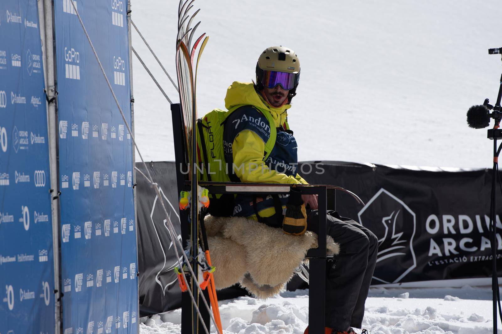 Ordino Arcalis, Andorra: 2021 February 24: Andrew Pollard in action at the Freeride World Tour 2021 Step 2 at Ordino Alcalis in Andorra in the winter of 2021.