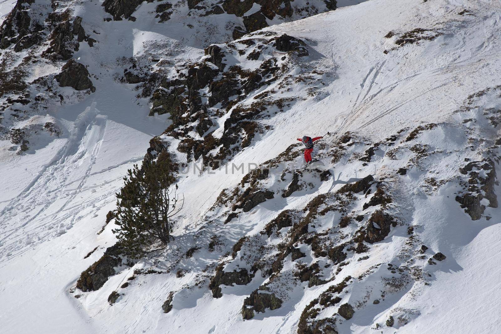 Ordino Arcalis, Andorra: 2021 February 24: Skiers in action at the Freeride World Tour 2021 Step 2 at Ordino Alcalis in Andorra in the winter of 2021.
