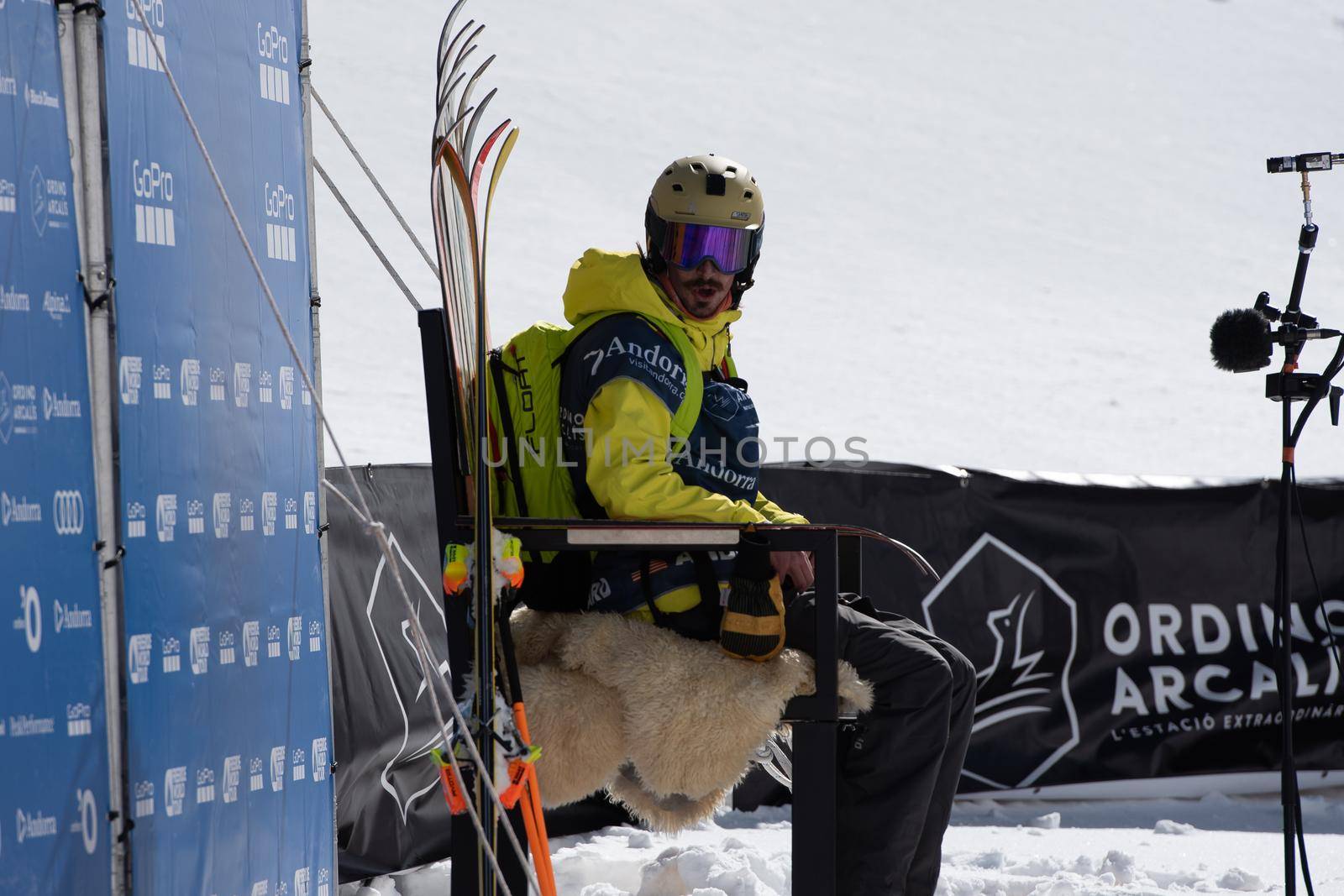 Ordino Arcalis, Andorra: 2021 February 24: Andrew Pollard in action at the Freeride World Tour 2021 Step 2 at Ordino Alcalis in Andorra in the winter of 2021.