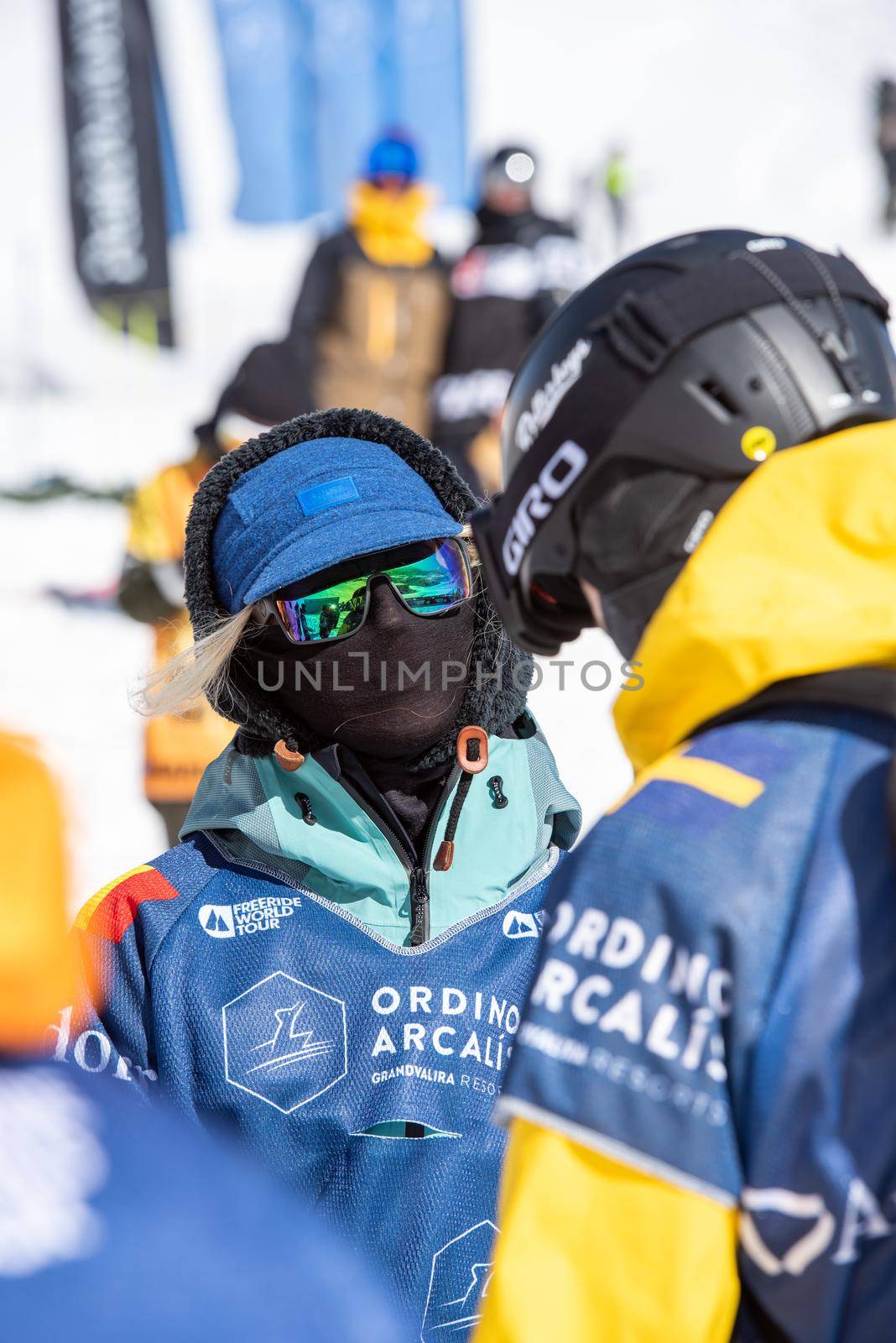 Ordino Arcalis, Andorra: 2021 February 24: Skiers in action at the Freeride World Tour 2021 Step 2 at Ordino Alcalis in Andorra in the winter of 2021.